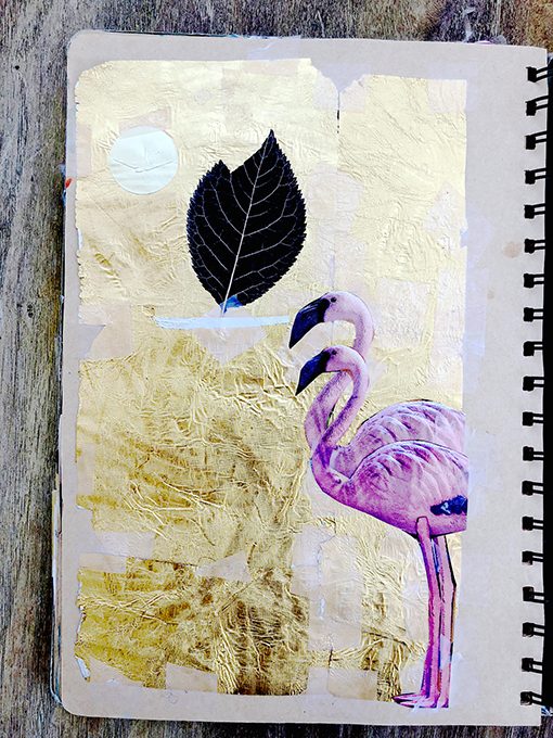 Página com flamingos e folha dourada